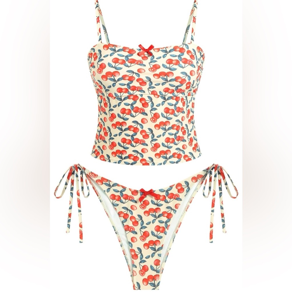 NWT ZAFUL Cherry Tankini Tummy Control Tie Side High Cut Bikini 2pc Women’s L